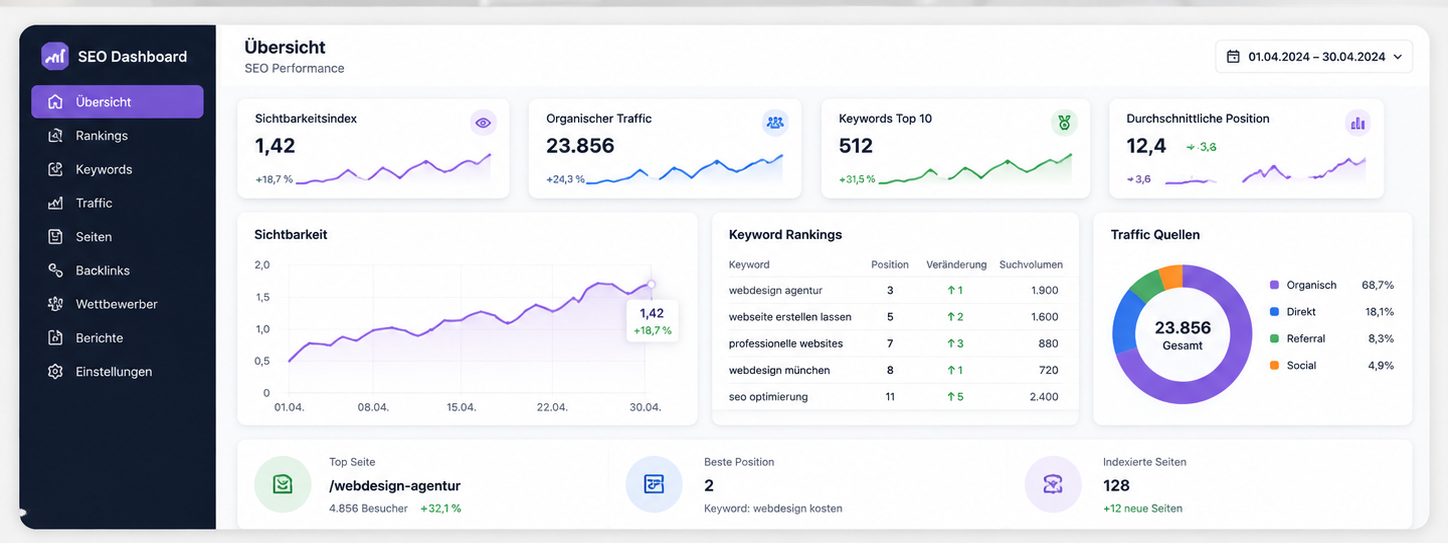 SEO-Analytics-Dashboard mit steigenden Ranking-Metriken